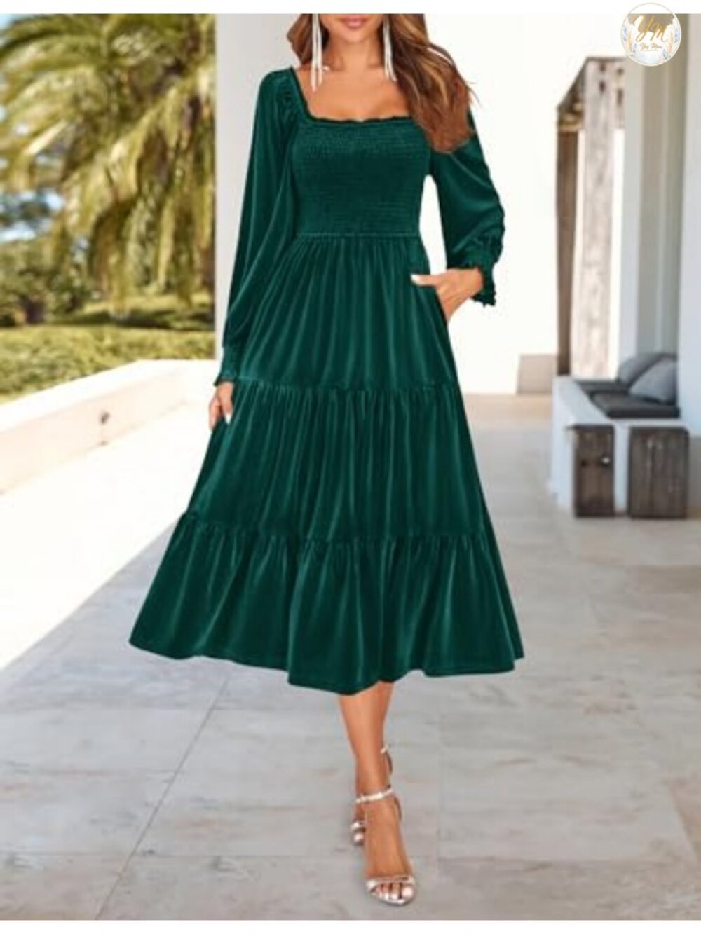 ZESICA Velvet Long Sleeve Square Neck Midi Cocktail Party Dress - Picture 2 of 6